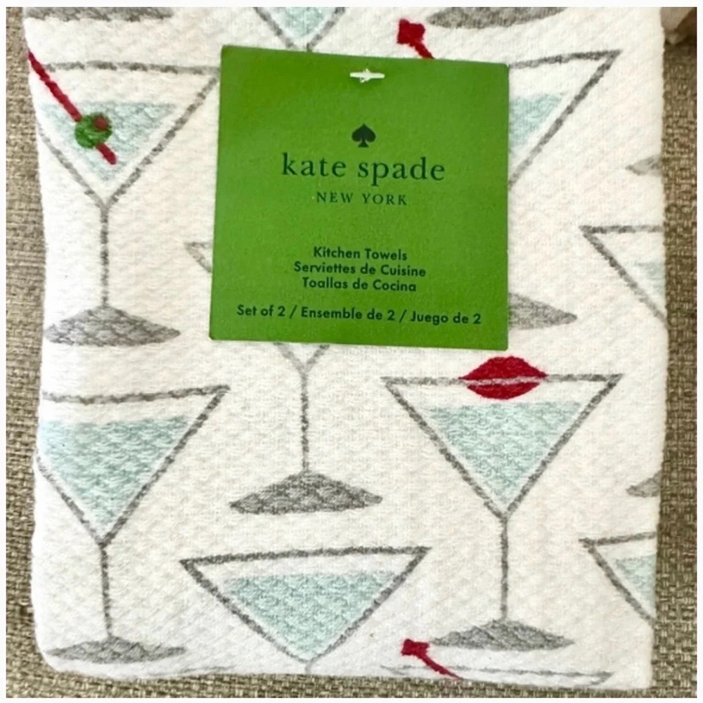kate spade martini set of 3 in white & aqua  | towels, mitt, magnets NWT